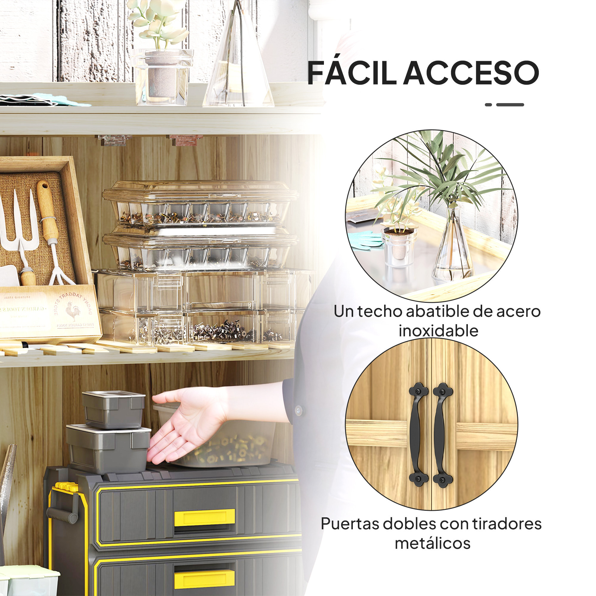 Armario de Exterior de Madera, Caseta de Jardín Exterior con Techo Abatible de Acero Inoxidable, Estante, 2 Puertas, Cobertizo de Jardín para Almacenamiento Herramientas, 74x43x88 cm, Natural