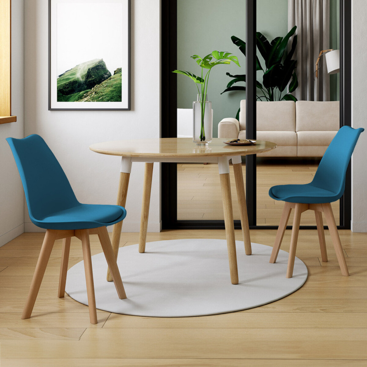 Chaises Nordia bleu canard pieds bois - lot de 2