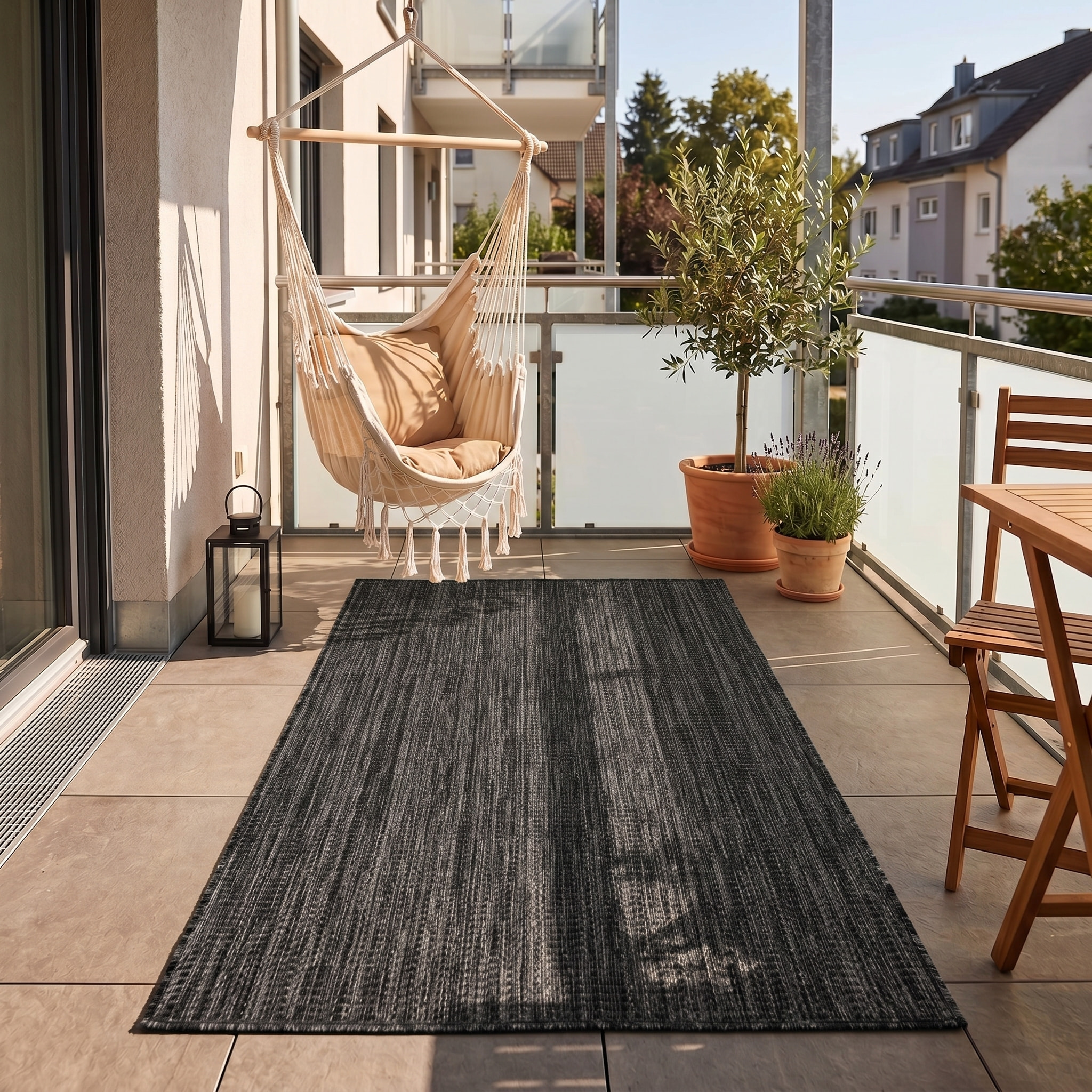 MIRA - Tapis intérieur/extérieur noir à aspect naturel