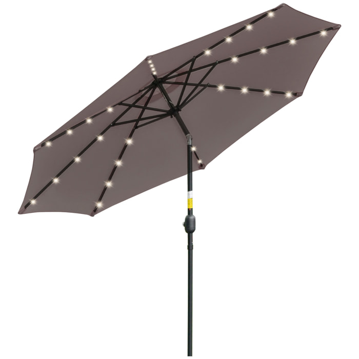 Sombrilla de Jardín con 32 Luces LED Solares Ø265x233 cm Parasol Inclinable con Manivela y Poste de Acero para Terraza Patio Exterior Gris