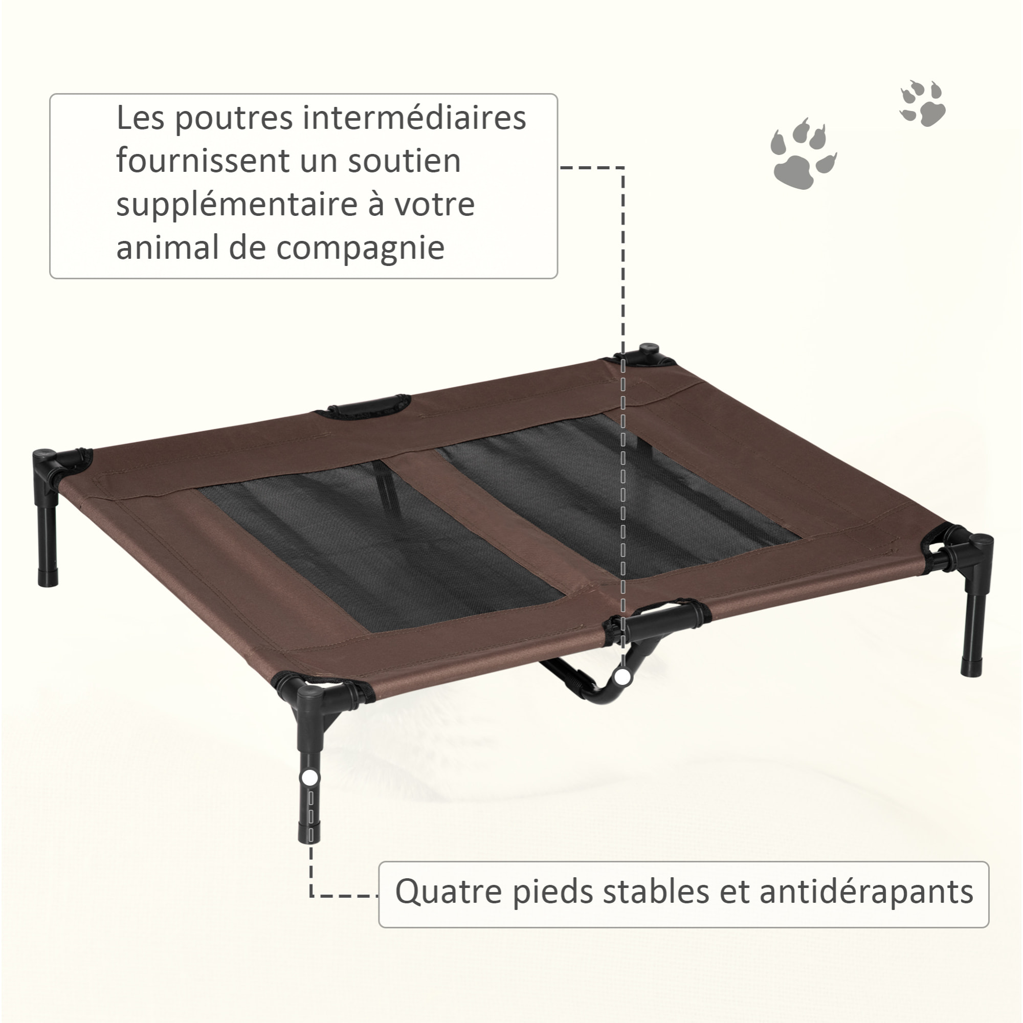 Lit sur pieds pour chien chat lit de camp animal lit surélevé Oxford textilène micro-perforé dim. 92L x 76l x 18H cm marron