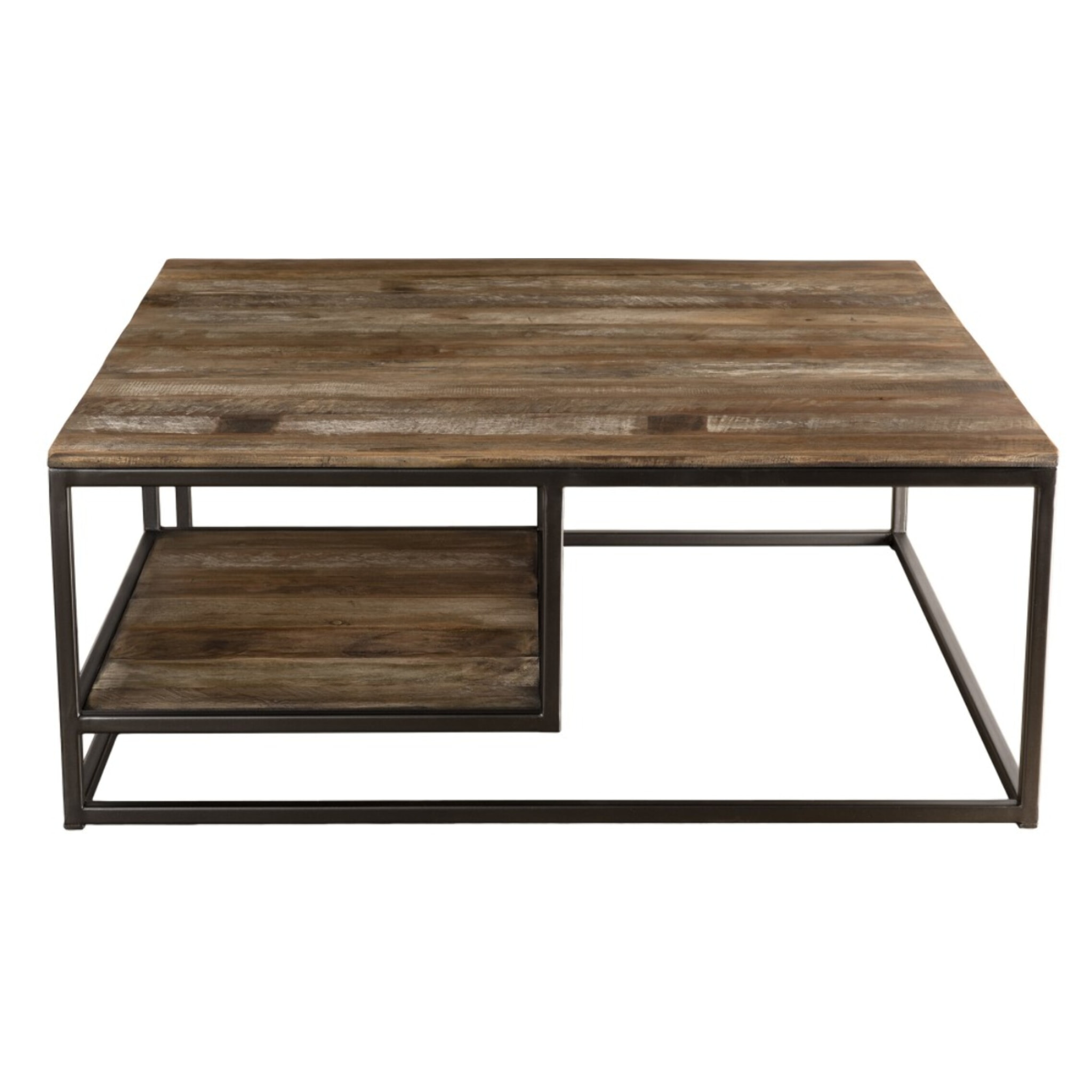 SIXTINE - Table basse carrée avec tablettes 100x100cm Teck recyclé Acacia Mahogany recyclé et métal noir