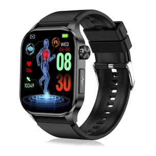 DAM Smartwatch ET580. ECG con banda para pecho, glucosa en sangre, ácido úrico y lípidos, IMC grasa corporal, temperatura, O2 y tensión. 5,3x1,1x4 Cm. Color: Negro