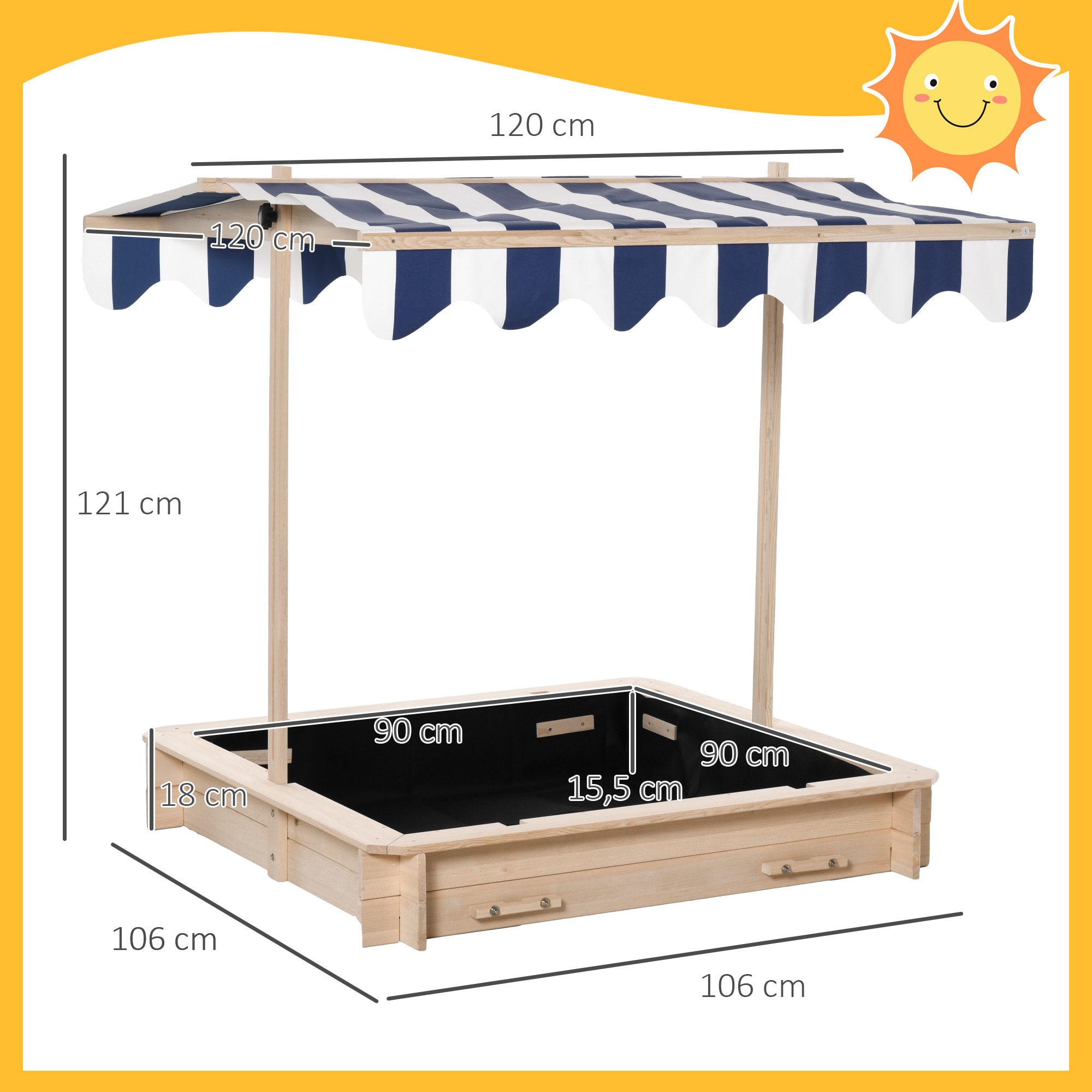 Arenero de Madera para Niños con Techo y Banco Toldo Ajustable 106x106x121 cm