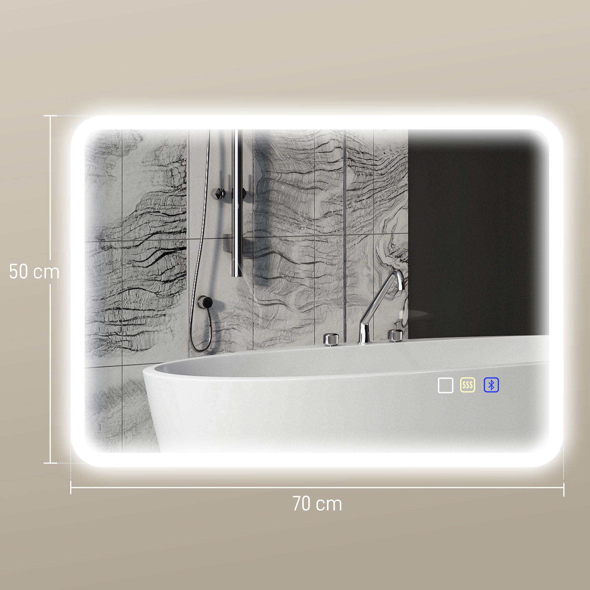 Miroir lumineux LED salle de bain 50 x 70 cm bluetooth interrupteur tactile lumière réglable 3 couleurs fonction anti-buée et mémoire