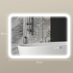 Miroir lumineux LED salle de bain 50 x 70 cm bluetooth interrupteur tactile lumière réglable 3 couleurs fonction anti-buée et mémoire