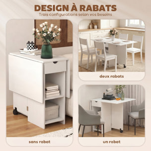 Table à manger pliable extensible 4 personnes - 2 abattants, 2 étagères, tiroir, roulettes - aspect bois blanc