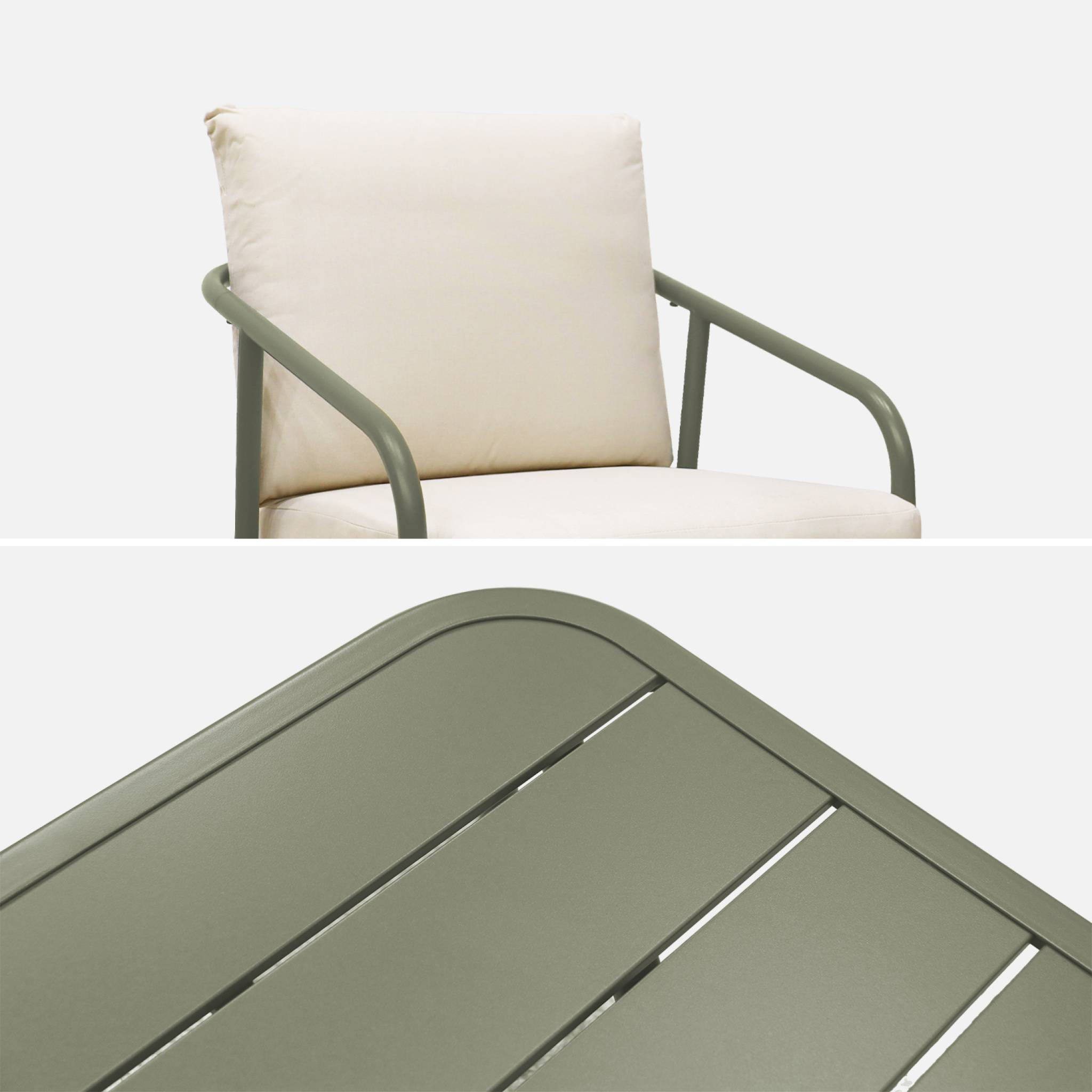 Salon de jardin en métal 4 places kaki. coussins beige. design épuré arrondi
