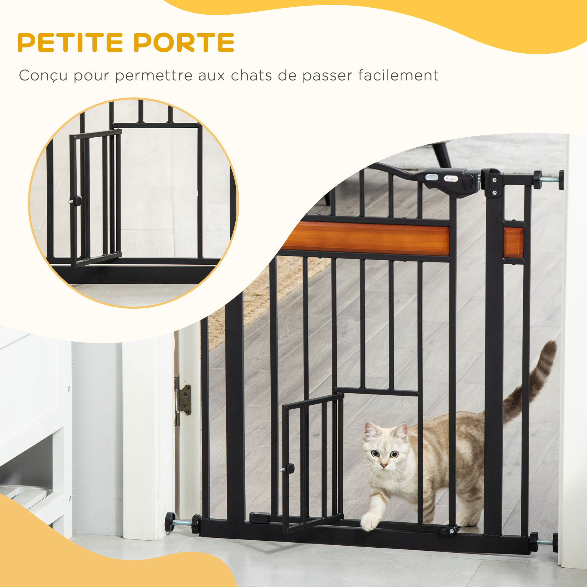 Barrière de sécurité animaux - longueur réglable dim. 74-80 cm - 2 portes verrouillables, ouverture double sens - sans perçage - acier noir pin