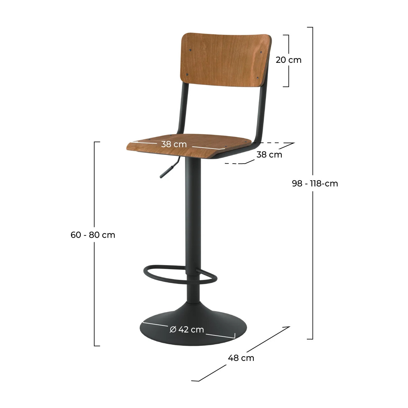 Lot de 2 chaises de bar réglables 60/80 cm en bois foncé - Clem