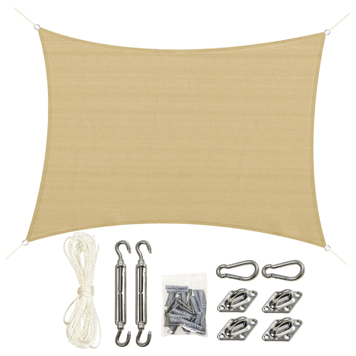 Voile d'ombrage rectangulaire grande taille 4 x 3 m polyéthylène haute densité HDPE résistant aux UV beige