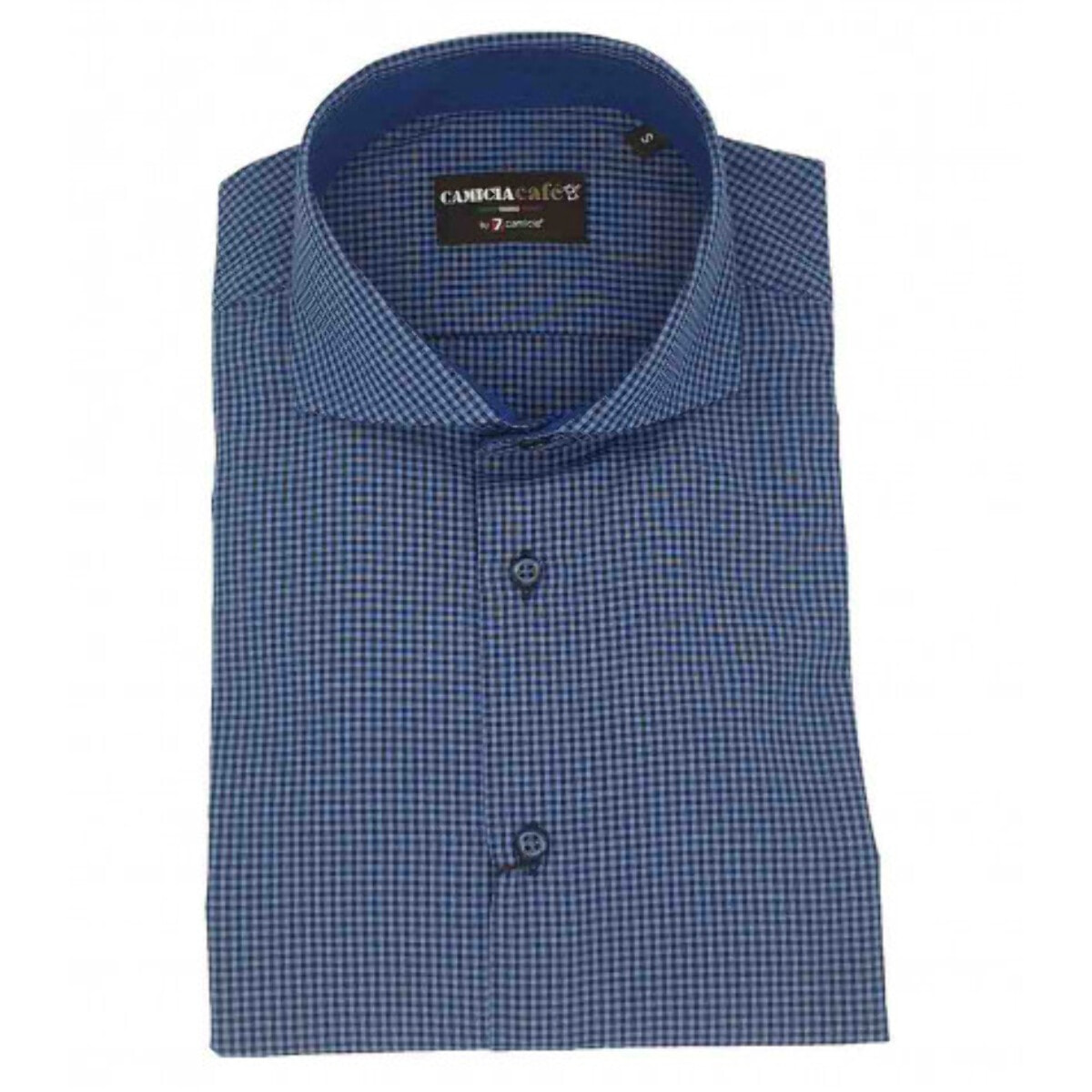Camicia Uomo 1 Bottone Francese Slim Cotone Poliestere Quadro Piccolo Avion e Blu