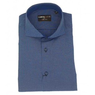 Camicia Uomo 1 Bottone Francese Slim Cotone Poliestere Quadro Piccolo Avion e Blu