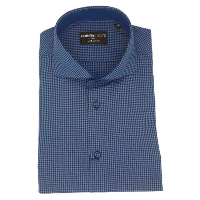 Camicia Uomo 1 Bottone Francese Slim Cotone Poliestere Quadro Piccolo Avion e Blu