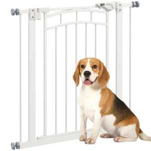 Barrière de sécurité pour chien extensible 74-80 cm, double verrouillage, fermeture automatique, barrière d'escalier à fixation par pression sans percer, hauteur 76 cm, blanc