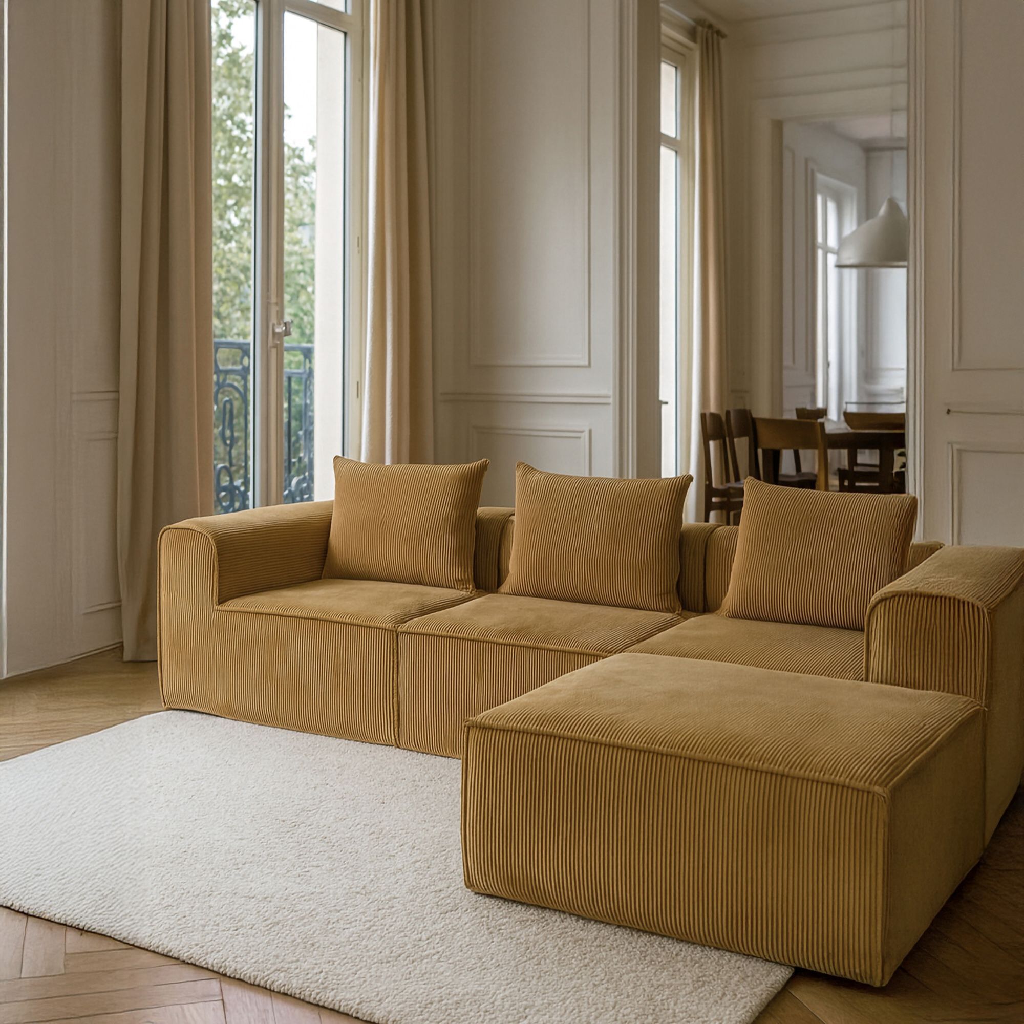 Canapé d'angle compressé en velours cotelé curcuma 4 places COCOON