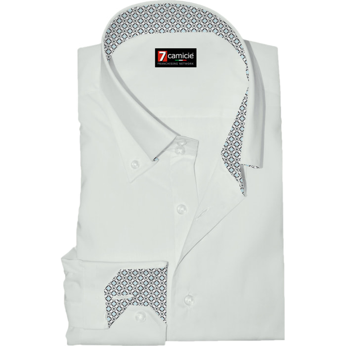 Camicia Uomo 2 Bottoni Button Down Slim Popeline Stretch Unito Bianco