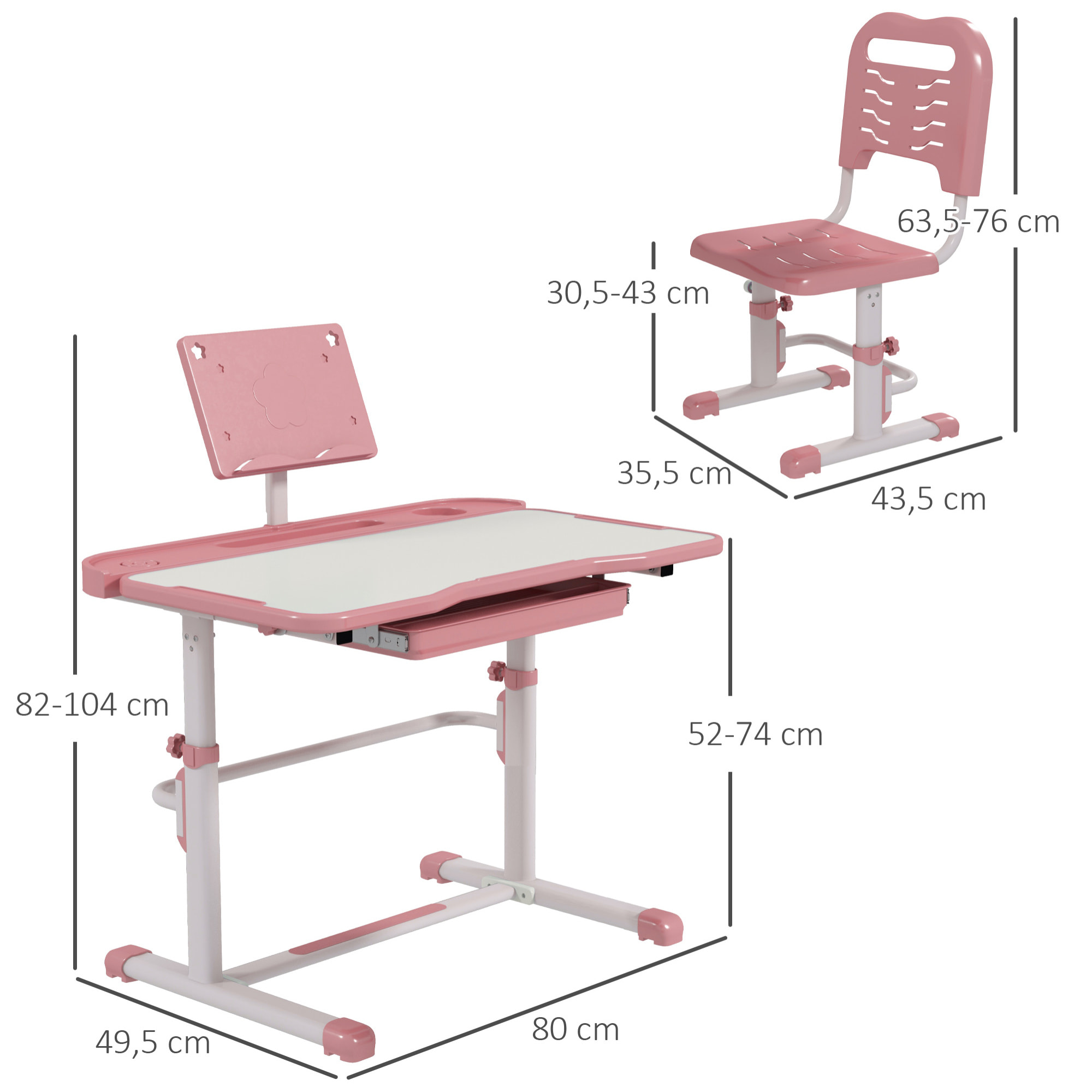 ZONEKIZ Juego de Escritorio y Silla para Niños de 6-12 Años Pupitre Infantil Altura Ajustable con 1 Cajón 1 Estante para Libros y Ángulo de Mesa Ajustable 80x49,5x82-104 cm Rosa y Blanco