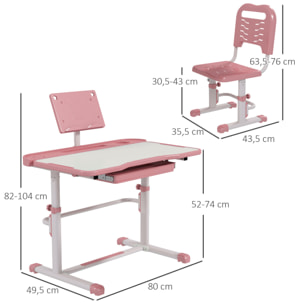 ZONEKIZ Juego de Escritorio y Silla para Niños de 6-12 Años Pupitre Infantil Altura Ajustable con 1 Cajón 1 Estante para Libros y Ángulo de Mesa Ajustable 80x49,5x82-104 cm Rosa y Blanco