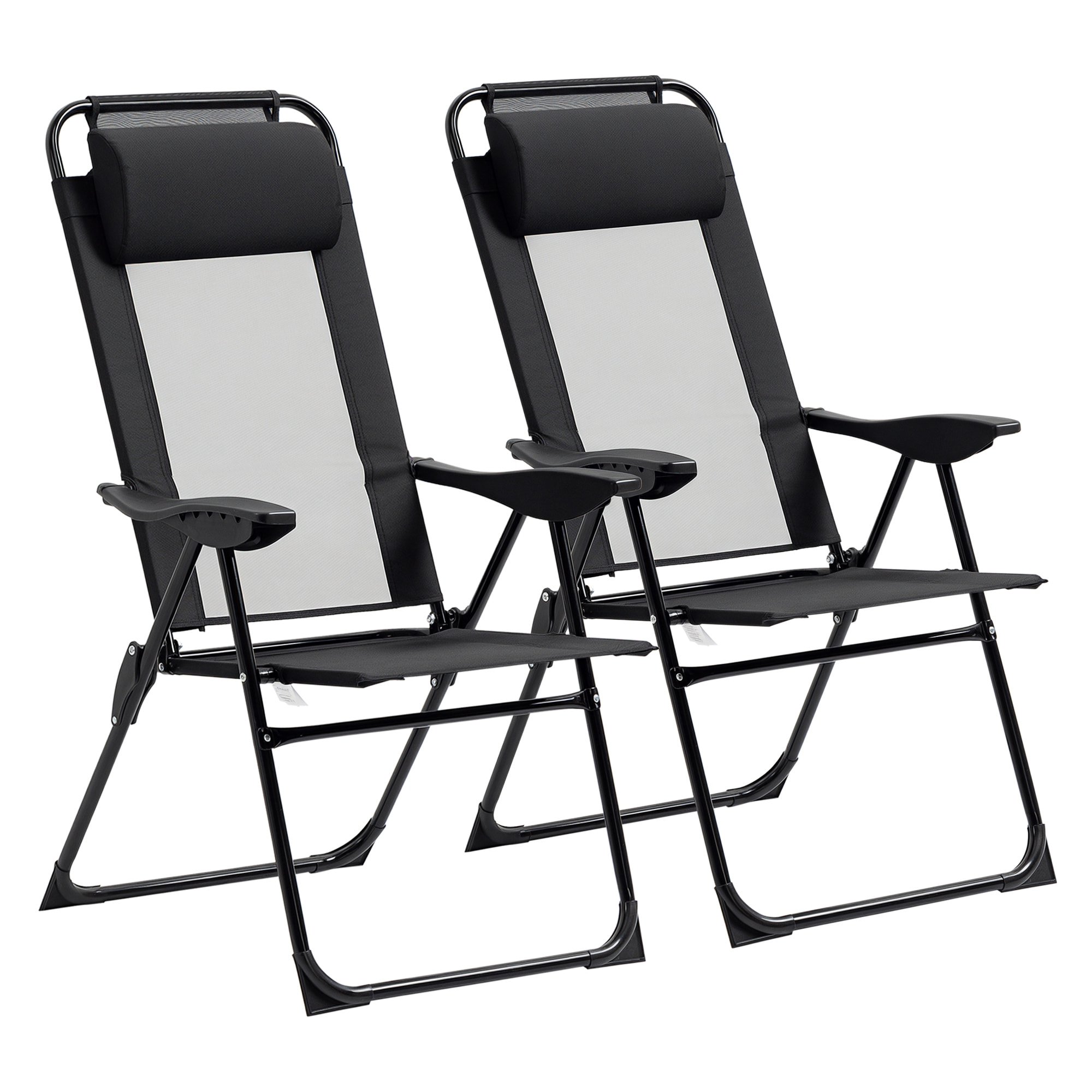 Conjunto de 2 Sillas de Camping Plegables Sillas de Jardín con Reposacabezas Desmontable y Respaldo Reclinable en 5 Niveles Carga 120 kg para Terraza Playa 62x70x109 cm Negro