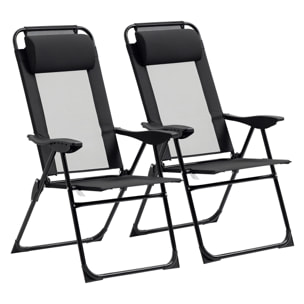 Conjunto de 2 Sillas de Camping Plegables Sillas de Jardín con Reposacabezas Desmontable y Respaldo Reclinable en 5 Niveles Carga 120 kg para Terraza Playa 62x70x109 cm Negro