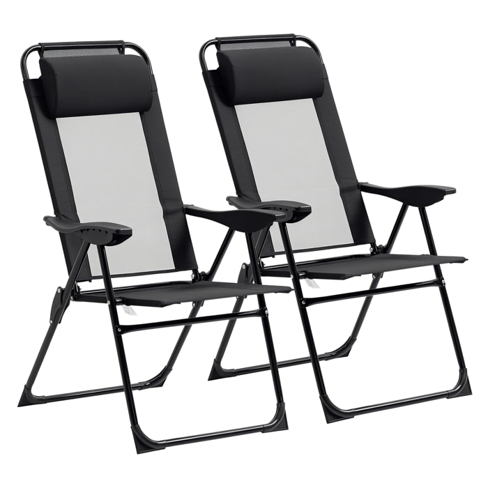 Conjunto de 2 Sillas de Camping Plegables Sillas de Jardín con Reposacabezas Desmontable y Respaldo Reclinable en 5 Niveles Carga 120 kg para Terraza Playa 62x70x109 cm Negro