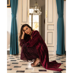 Vestido largo flocado granate con escote cuadrado de mujer