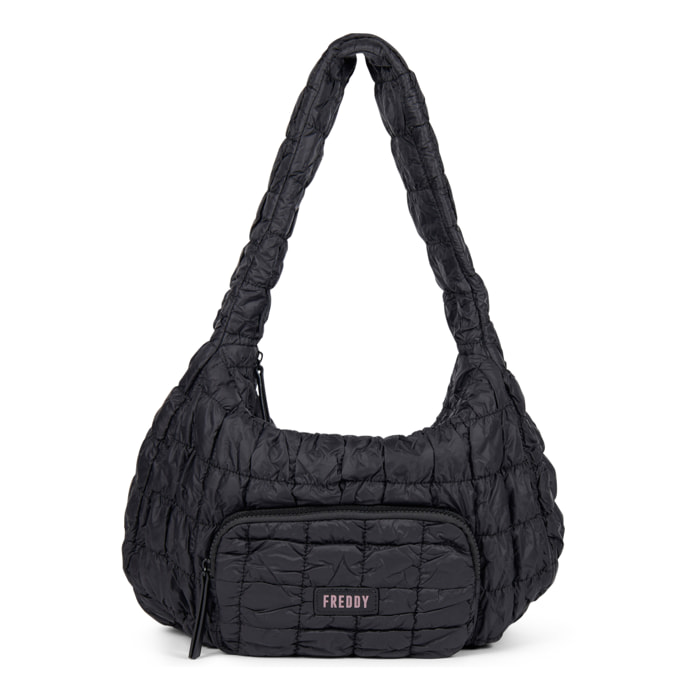 Borsa a spalla in nylon imbottito con cuciture a quadri