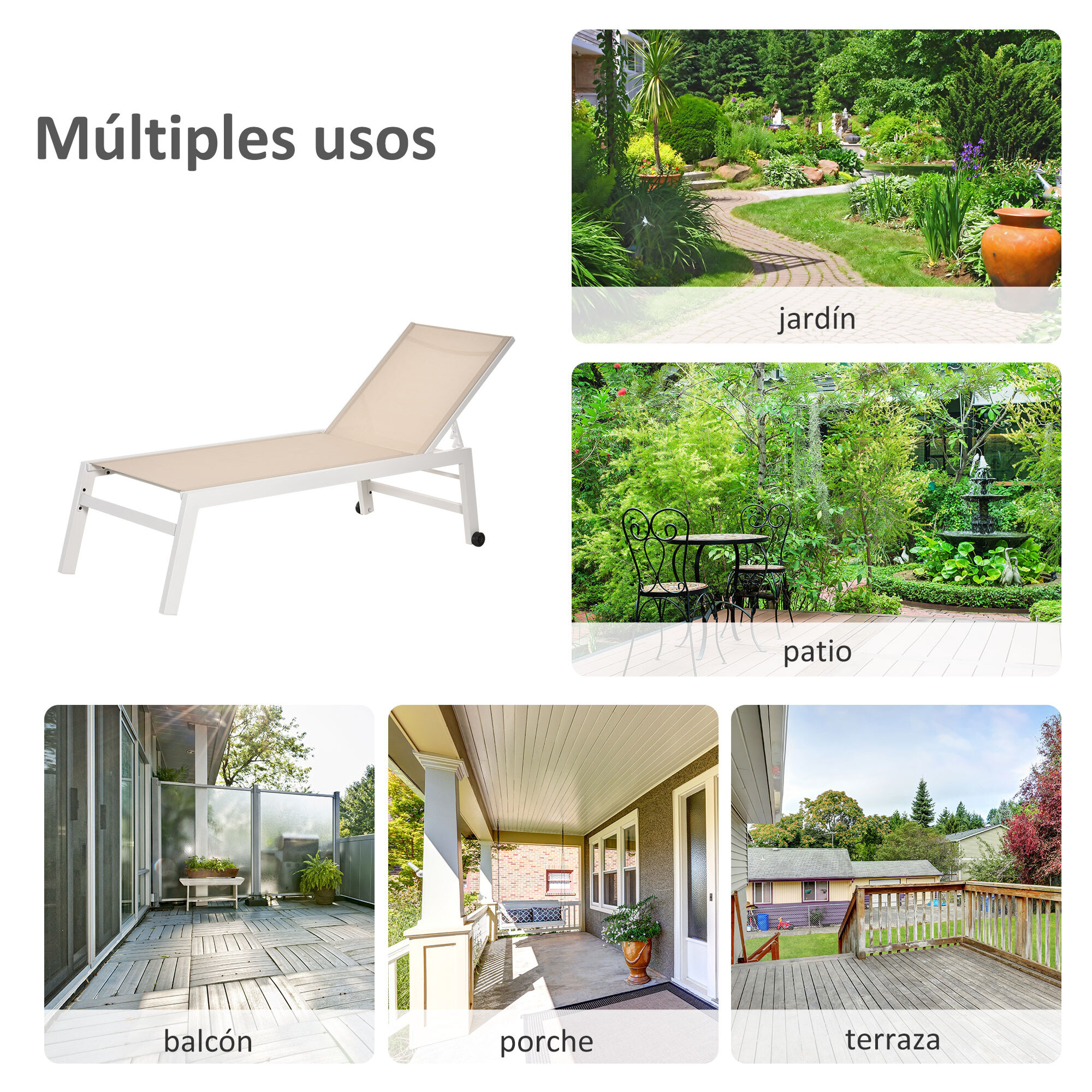 Tumbona para Exterior con Ruedas Chaise Longue de Terraza Respaldo Regulable