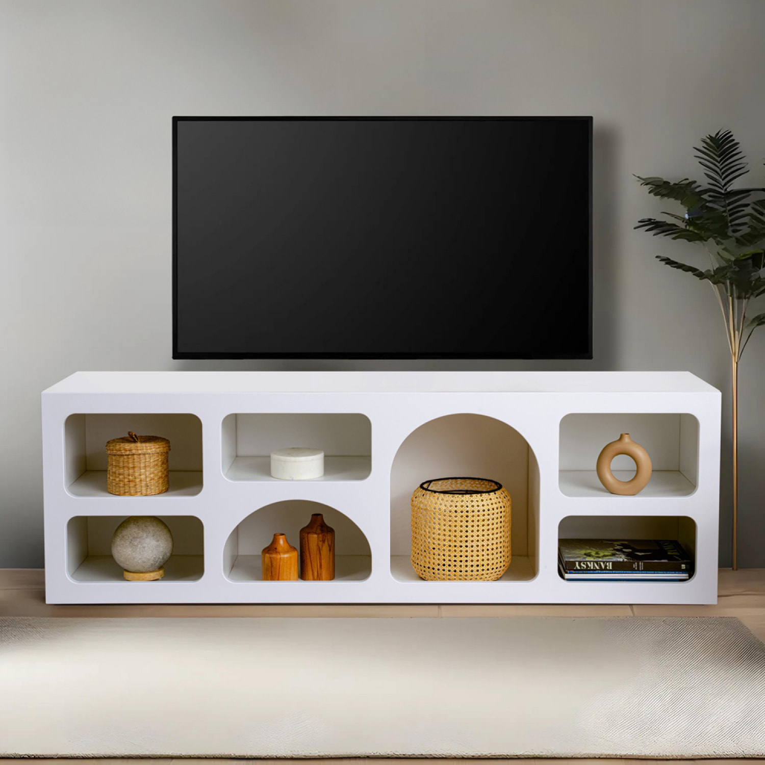 FERRY Buffet bas 7 niches design organique blanc 160x50cm