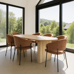 Ensemble table ovale et 6 fauteuils en tissu brique QUITO