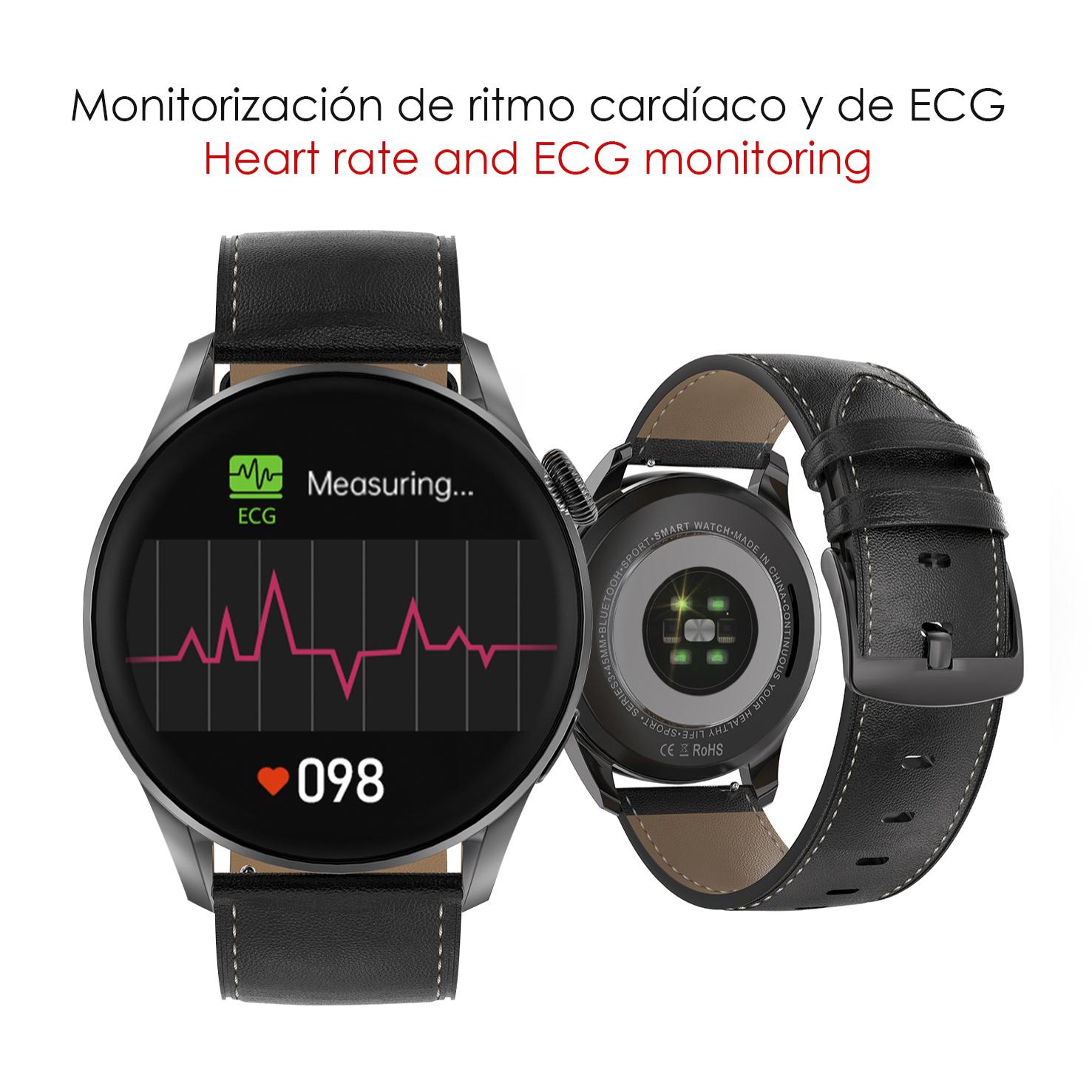 DAM Smartwatch DT3 con notificaciones, pantalla dividida, modos multideportivos y monitor cardíaco. Incluye correas de cuero y silicona. 4,5x1,2x5 Cm. Color: Negro