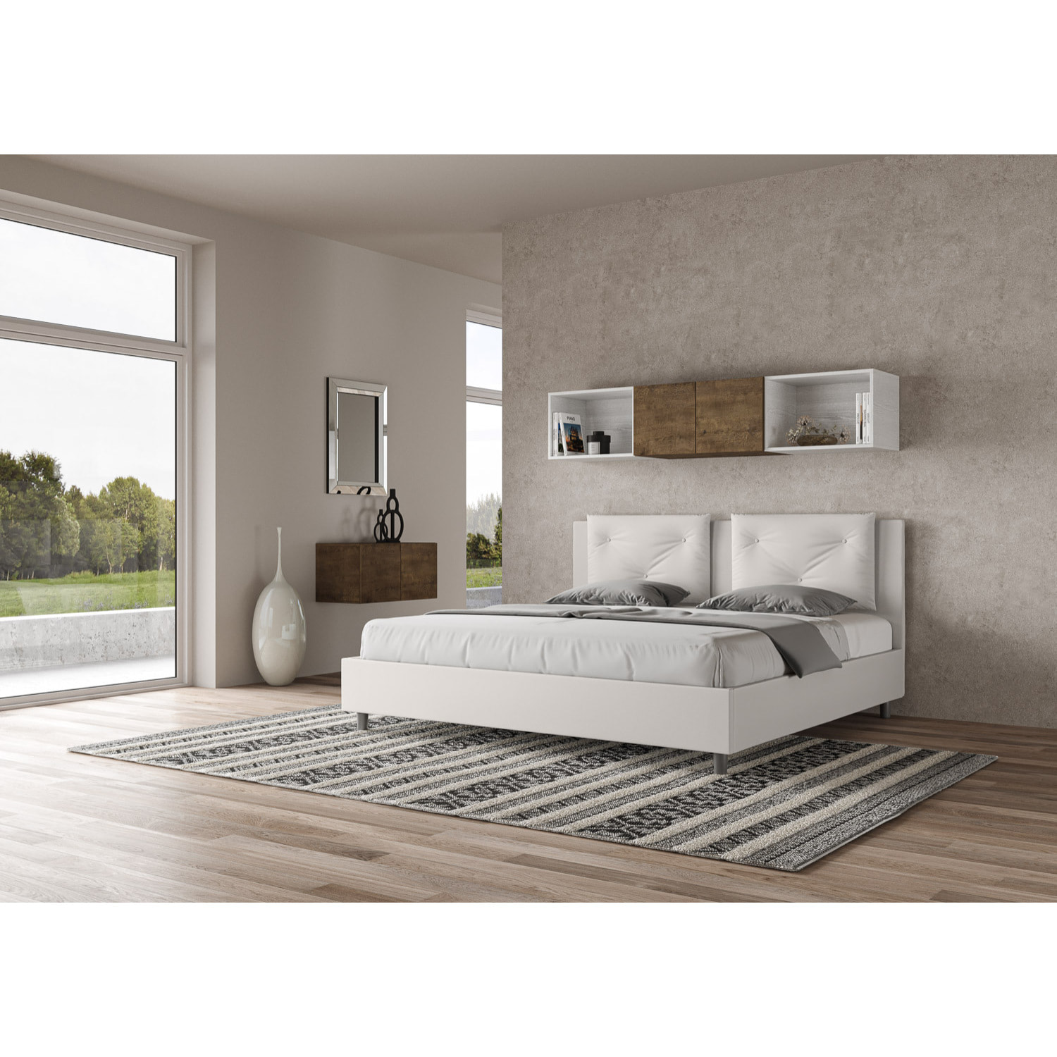 Cama con almacenaje acolchada 180x210 cuero sintético blanco Appia