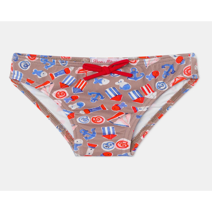 CULETIN MARRON CON DIBUJOS AZULES Y LAZO