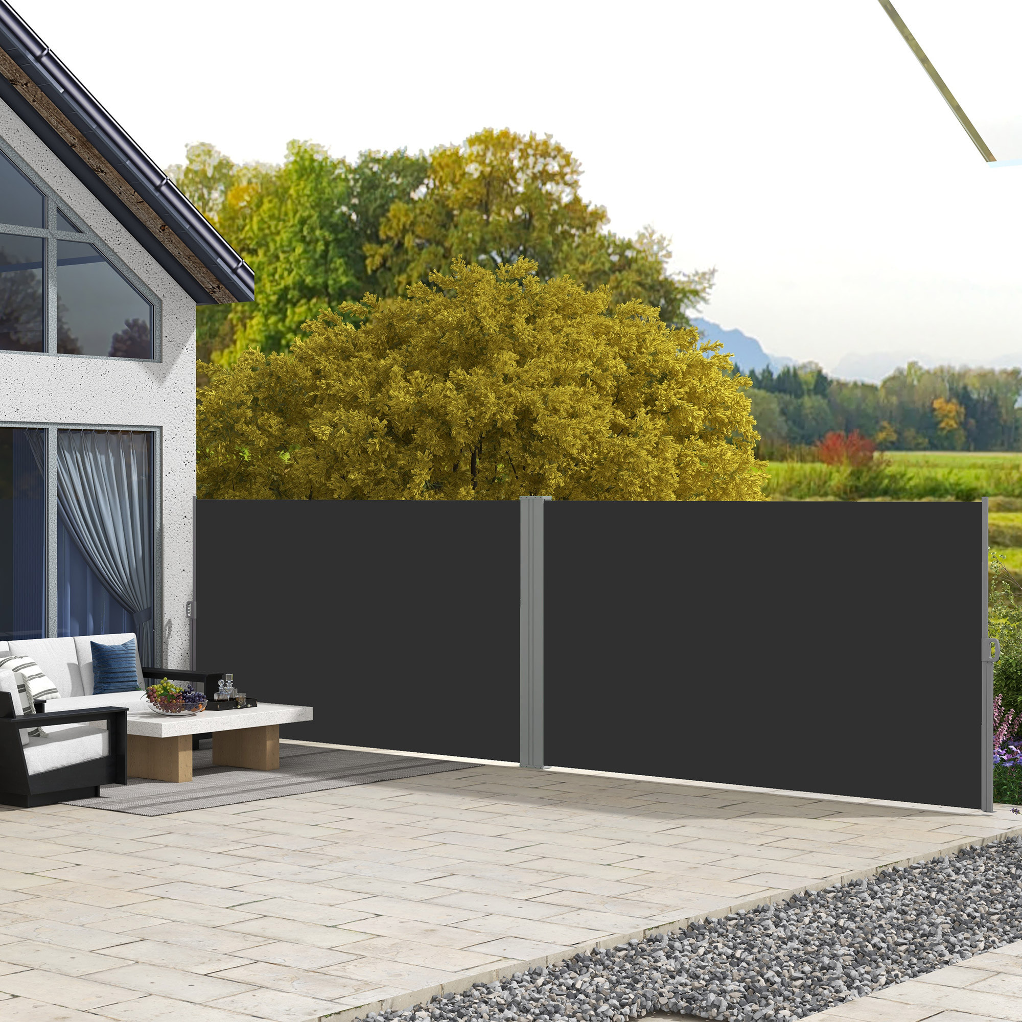 Double store latéral brise-vue paravent rétractable dim. 6L x 1,60H m polyester anti-UV haute densité noir