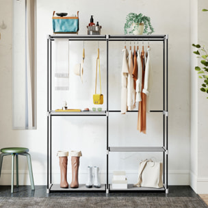 Armario de Ropa, Perchero, 142x43x185 cm, Armario Abierto con 4 Estantes de Tela, 3 Barras para Colgar, Marco de Metal, para Dormitorio, Salón, Vestidor, Gris Claro