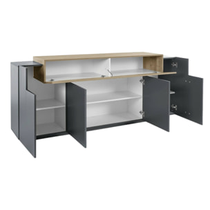 Credenza Loris, Madia da cucina a 4 ante, Buffet da soggiorno, 100% Made in Italy, cm 220x45h86, Antracite e Acero