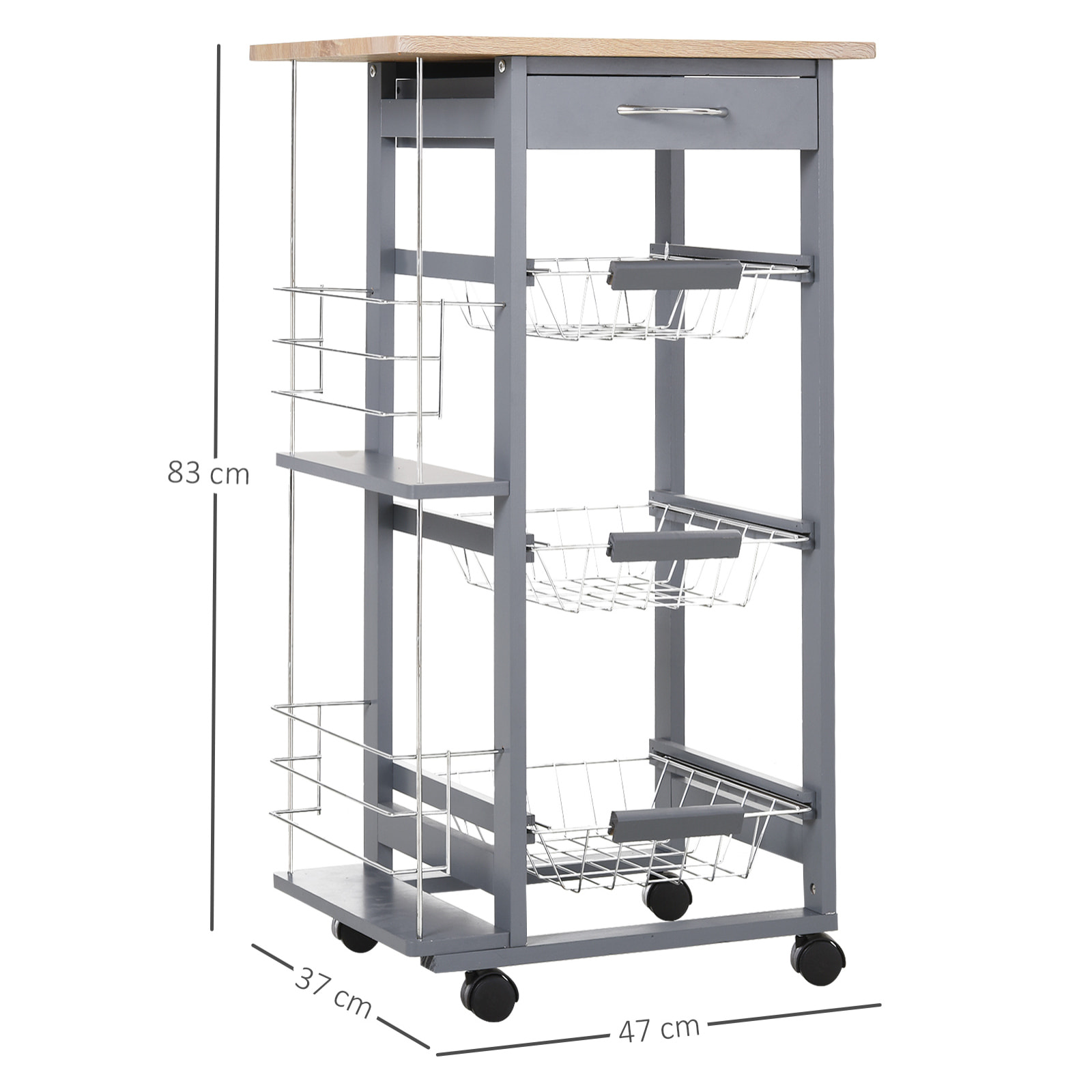Carrito Auxiliar con Ruedas, Carrito de Cocina con 3 Cestas Metálicas, Cajón, 2 Especieros, Estructura de Madera de Pino, para Verduras, Frutas, para Comedor, 47x37x83 cm, Gris