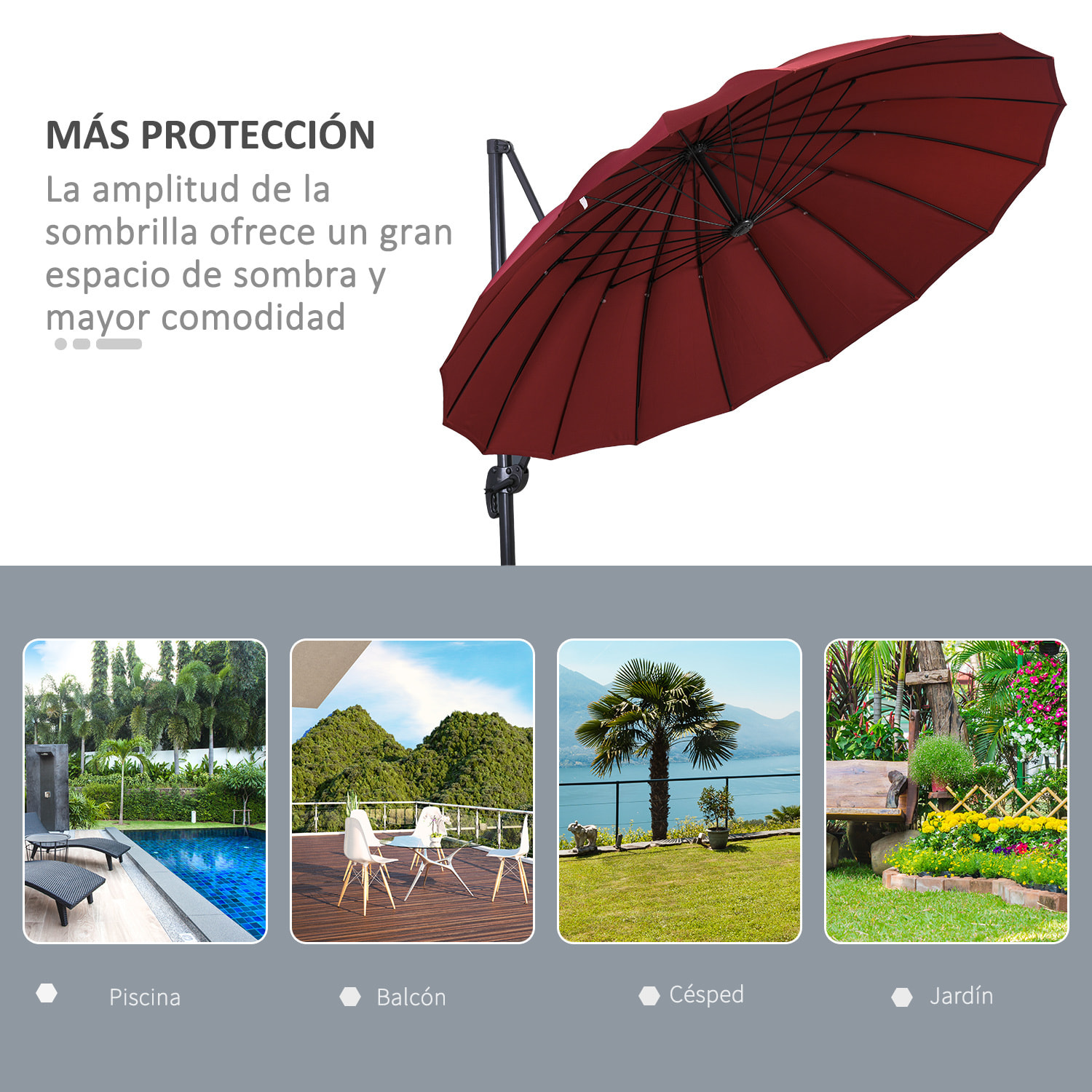 Sombrilla Jardín Ø300cm con Manivela Poste Giratorio 360° Techo Inclinable Rojo