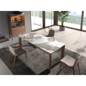 Mesa comedor extensible rectangular con tapa de mármol porcelánico blanco con vetas en tonos tierra en acabado brillo 140x90x76cm