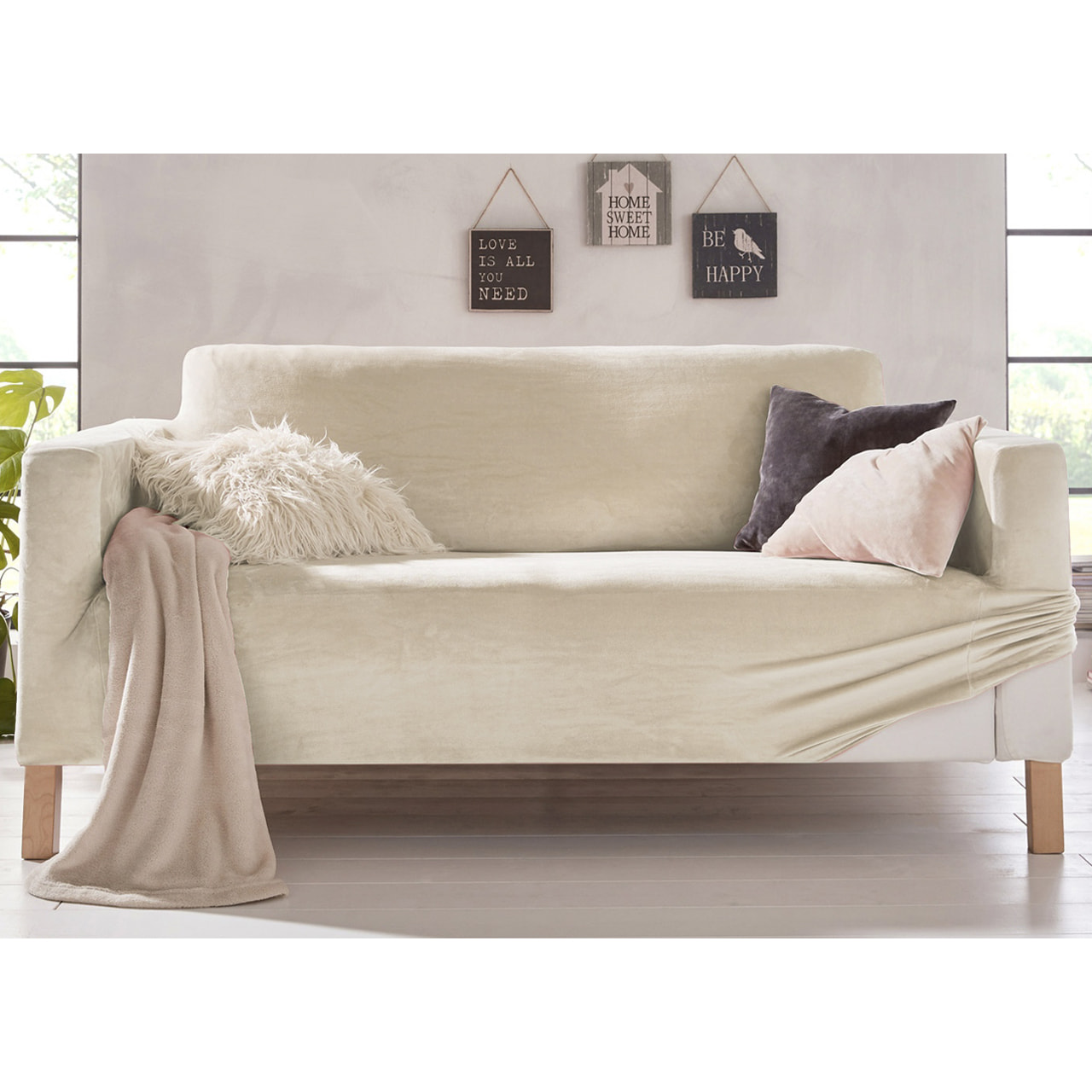 Copridivano 4 Posti Elasticizzato In Tinta Unita Effetto Velluto Modello Morbidissimo Colore Panna