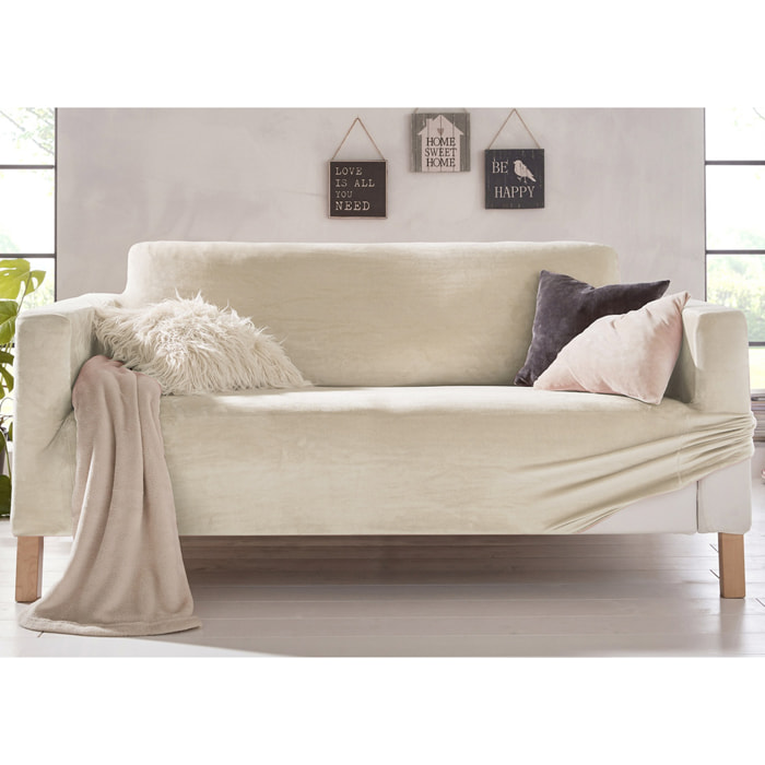 Copridivano 4 Posti Elasticizzato In Tinta Unita Effetto Velluto Modello Morbidissimo Colore Panna