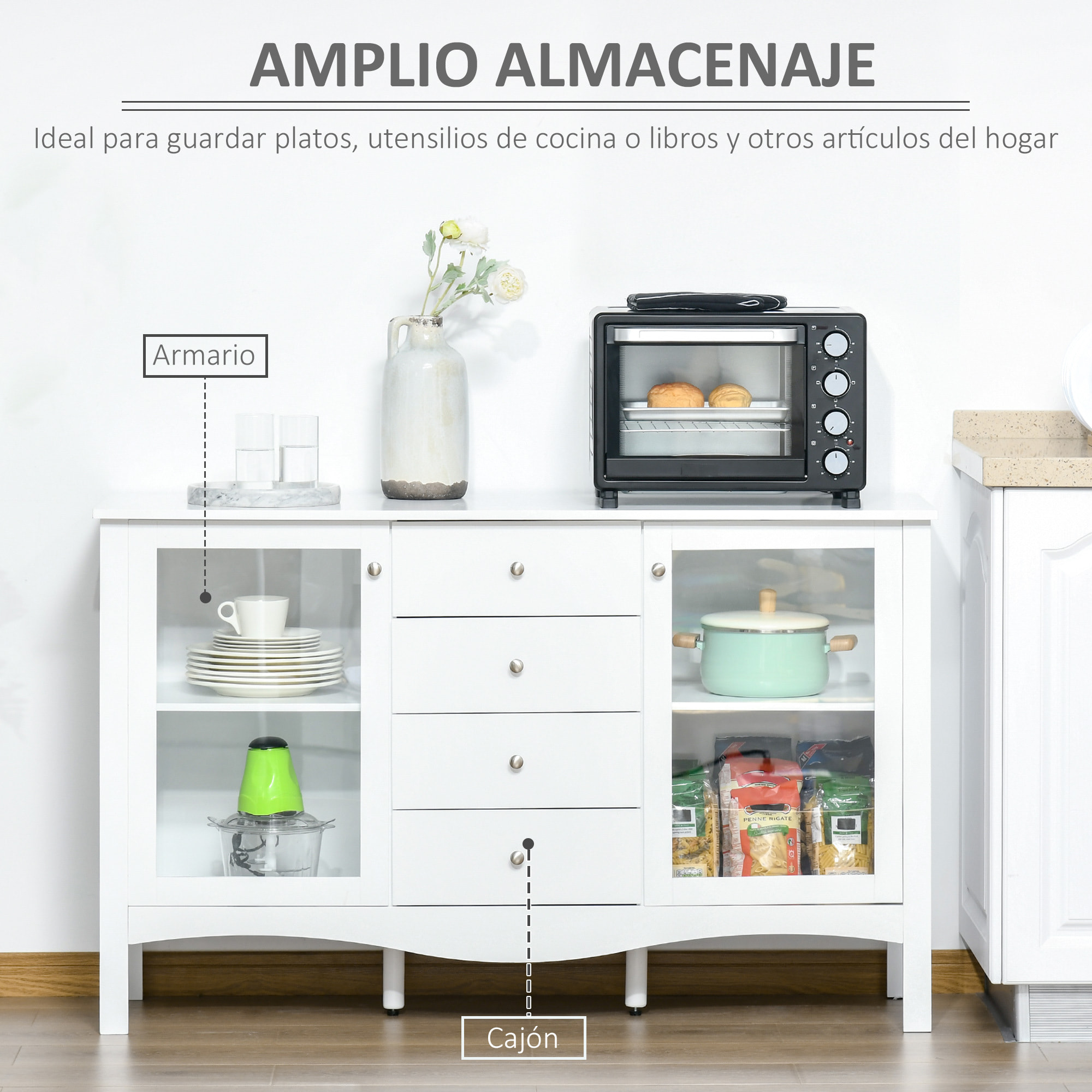 Aparador de Cocina Armario Buffet con 2 Puertas de Vidrio Estante Ajustable Interior y 4 Cajones Mueble Auxiliar para Comedor Salón 136x45x85 cm Blanco