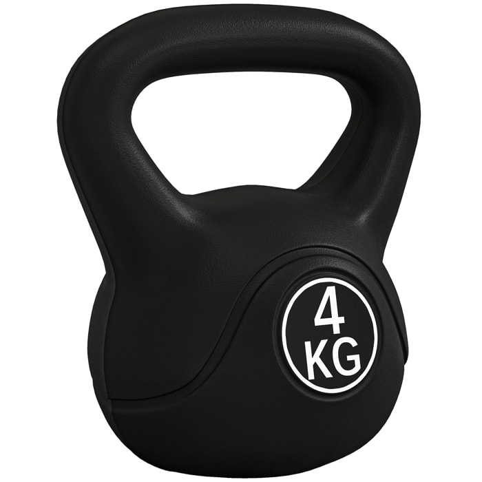Pesa Rusa 4 kg, Kettlebell Revestimiento de Plástico y Relleno de Arena, con Mango Ancho y Base Plana, para Entrenamiento Culturismo, en Casa, Gimnasio, Negro