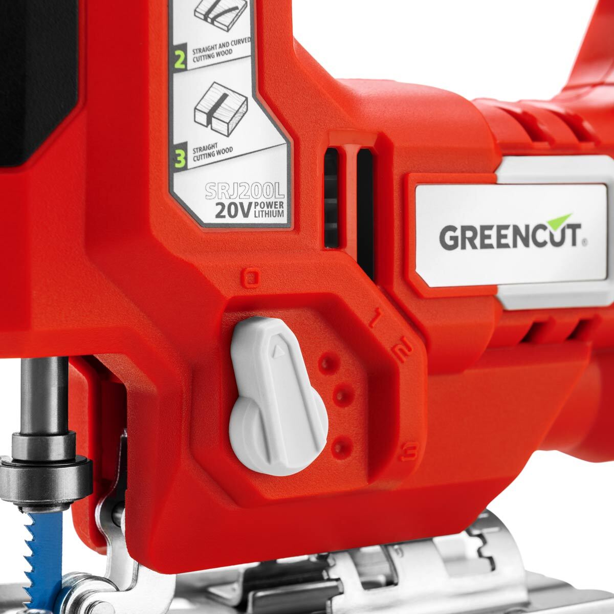 Sierra de calar 20V 4 posiciones de hoja, velocidad ajustable, 65mm de profundidad de corte - Greencut SRJ200L