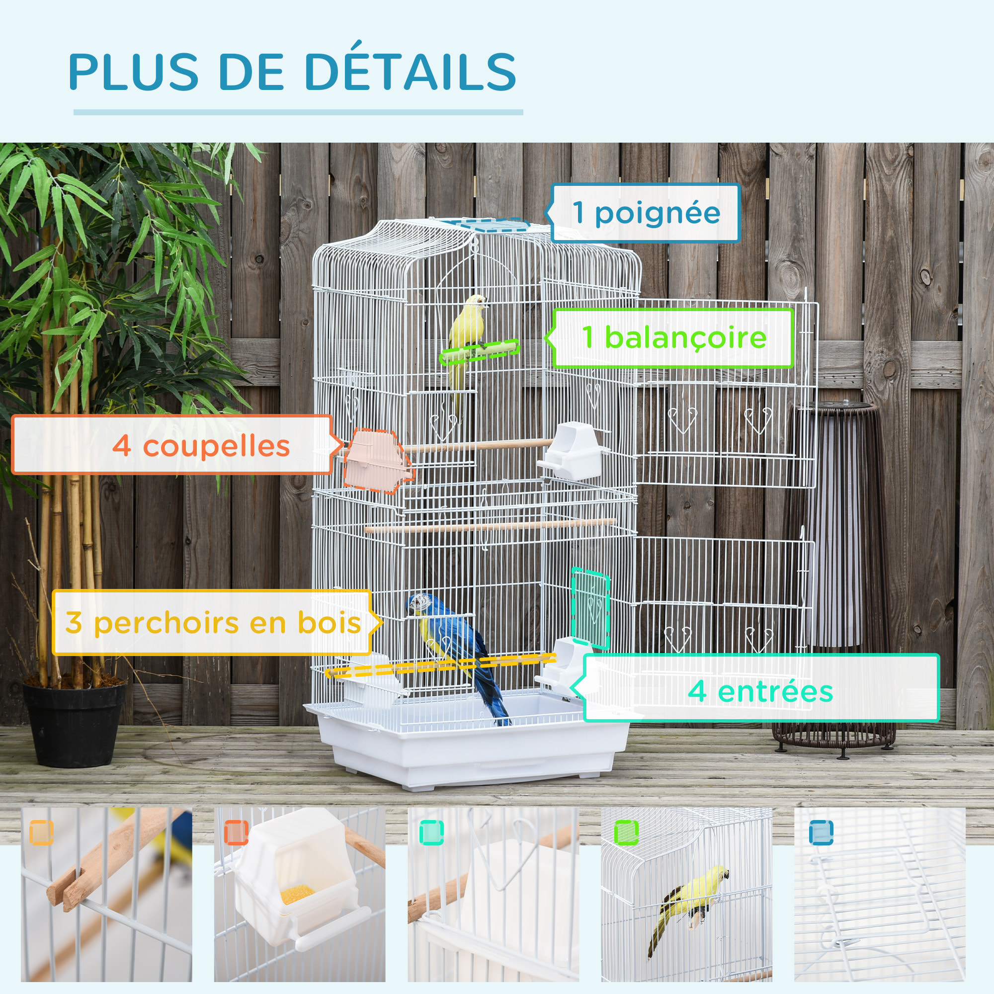 Cage à oiseaux volière avec mangeoires perchoirs plateau amovible 2 portes dim. 46,5L x 35,5l x 92H cm métal blanc