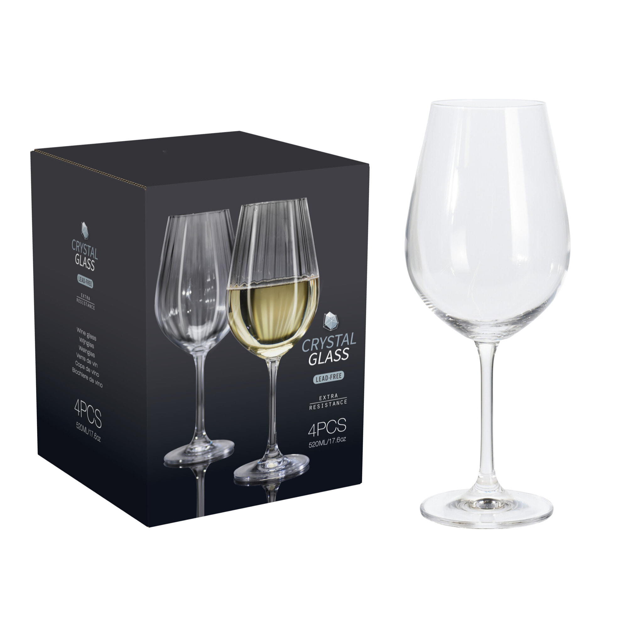 Juego de 4 copas de vino blanco con diseño de rayas en relieve 520ml