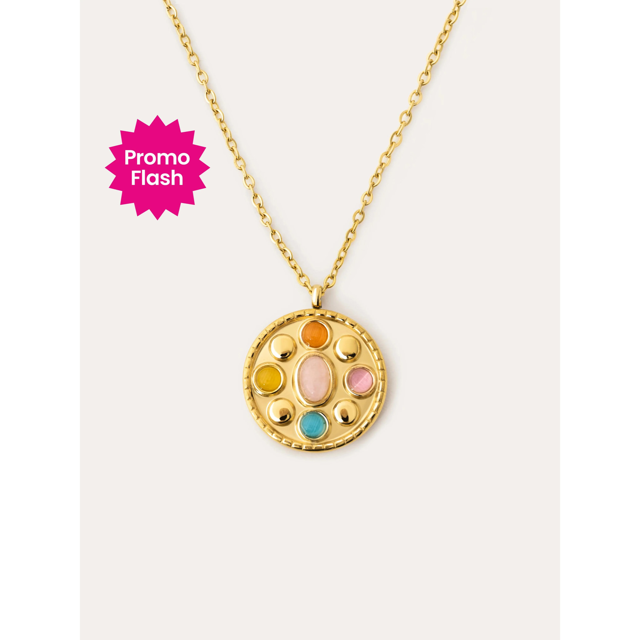 Collana Medallion Five Stones in Acciaio Placcato Oro