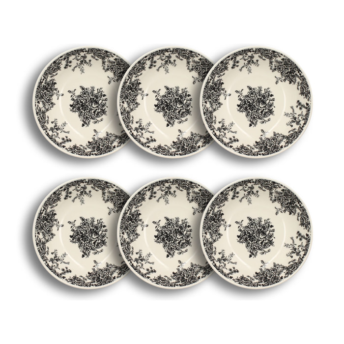 Lot de 6 assiettes creuses porcelaine blanc et noir 20,5cm FLORALI