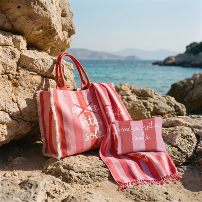 Set Mare Donna 3 Pezzi, Telo Mare con Borsa e Pochette Coordinata, Shopper Mare XL con Zip, Telo Maxi in Cotone con Frange, Accessori Mare Eleganti per Spiaggia Piscina Vacanze Resort